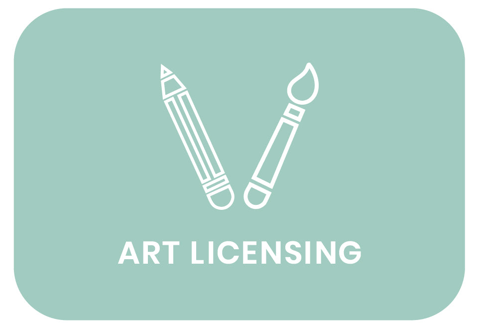 Light blue card with white pencil and paintbrush icons and 'Art Licensing' text.
