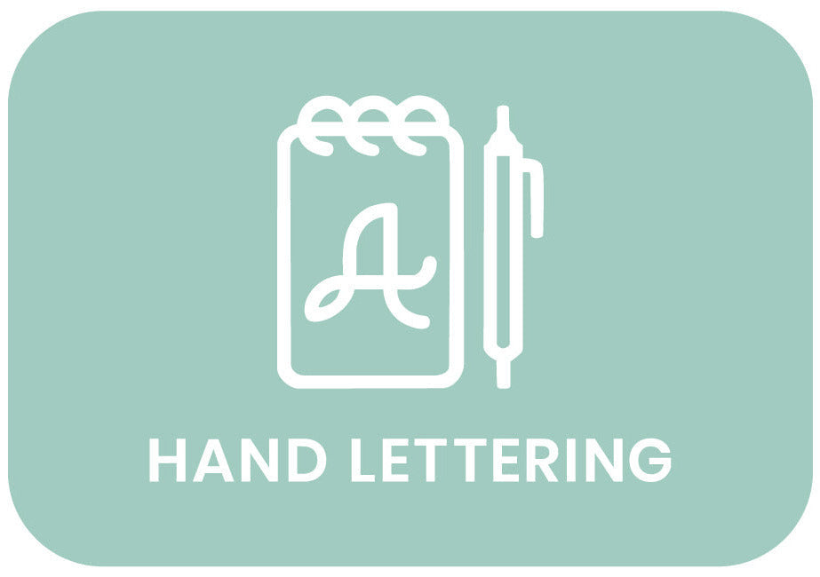 Icon of a notebook with a pen and hand lettering on a light blue background