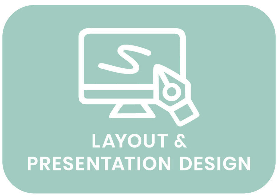 Icon of a computer monitor with a pen and text on a light green background, labeled 'Layout & Presentation Design'.